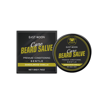 EAST MOON Sandalwood Vanilla Beard Balm — front label and pack contents
