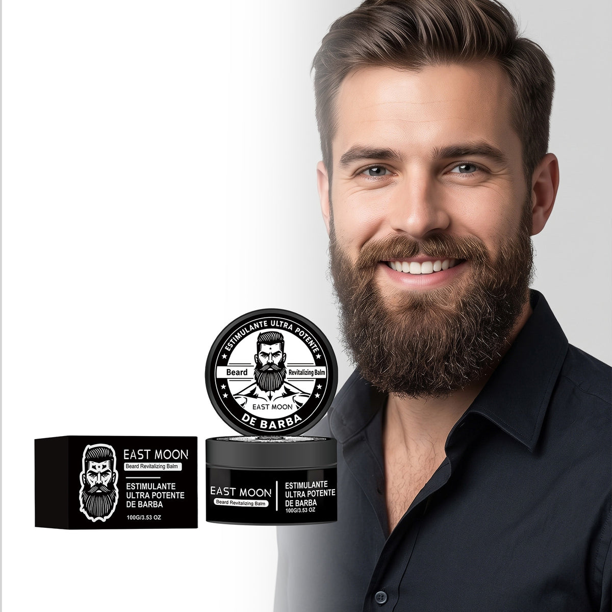 EAST MOON Beard Balm for Coarse Hair — product and grooming presentation