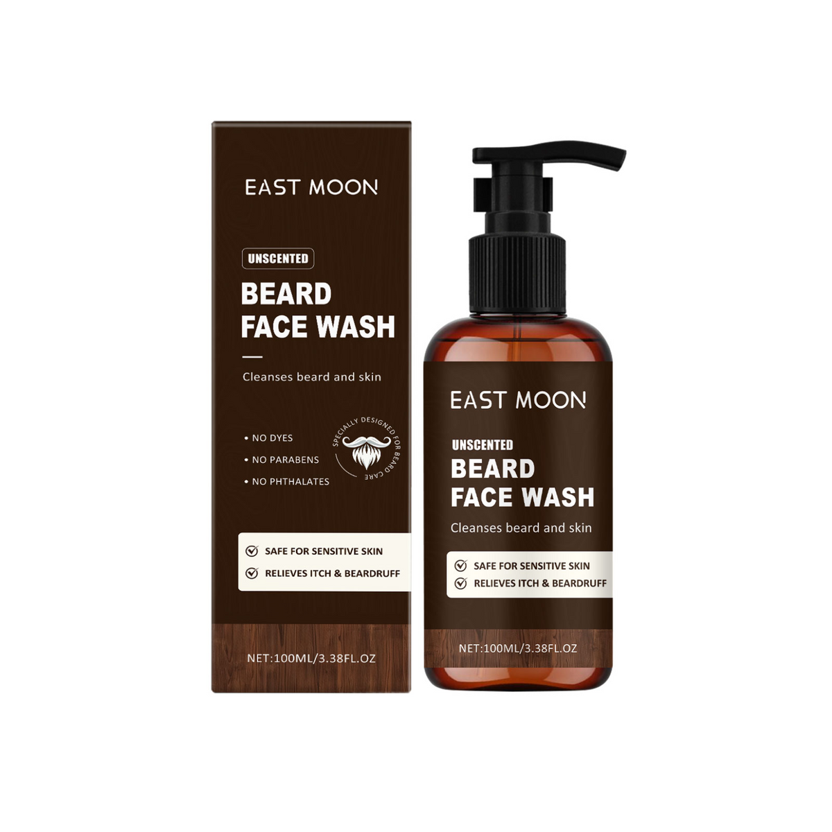 EAST MOON Unscented Beard and Face Wash — front label and pack contents