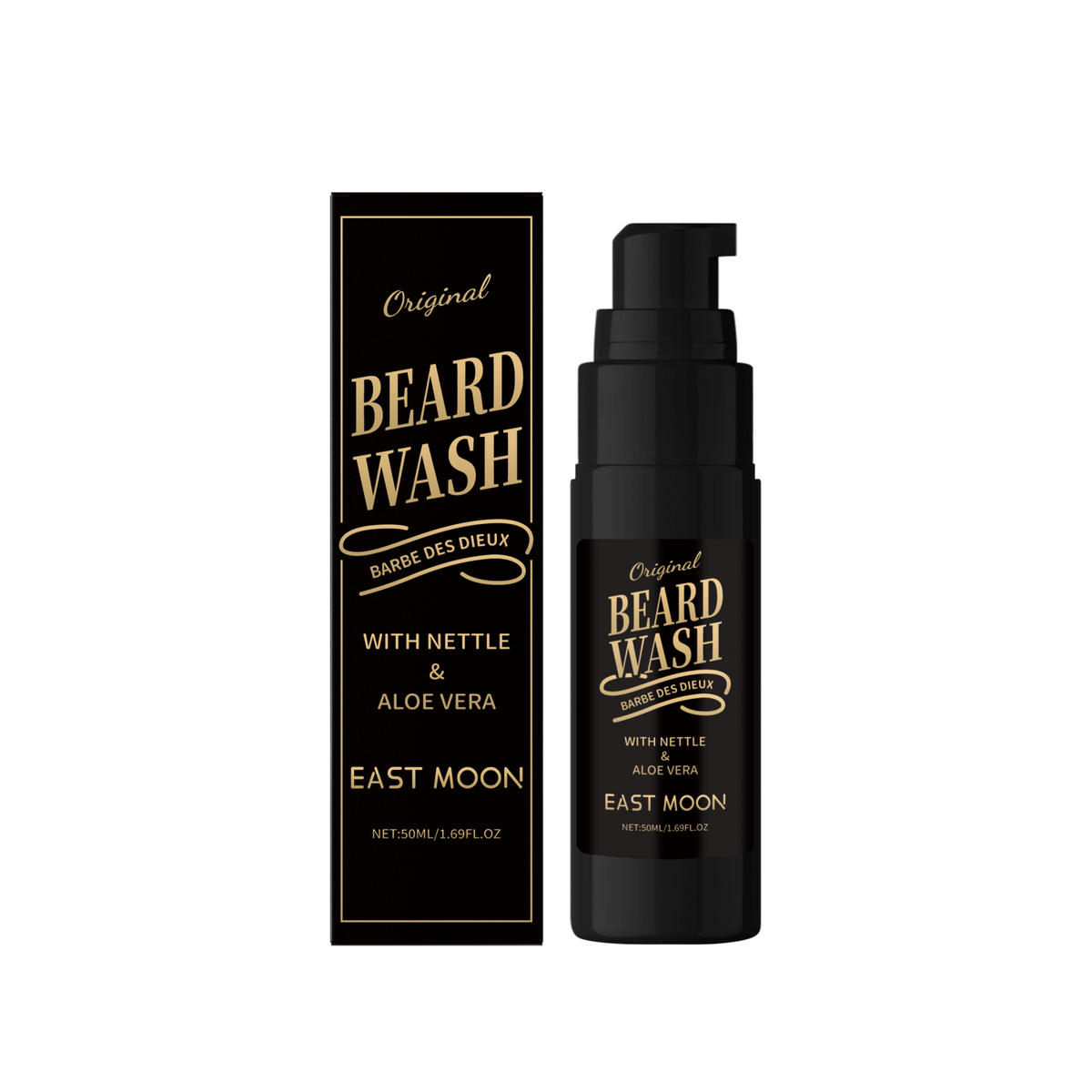 EAST MOON Beard Wash with Nettle & Aloe — front label and pack contents