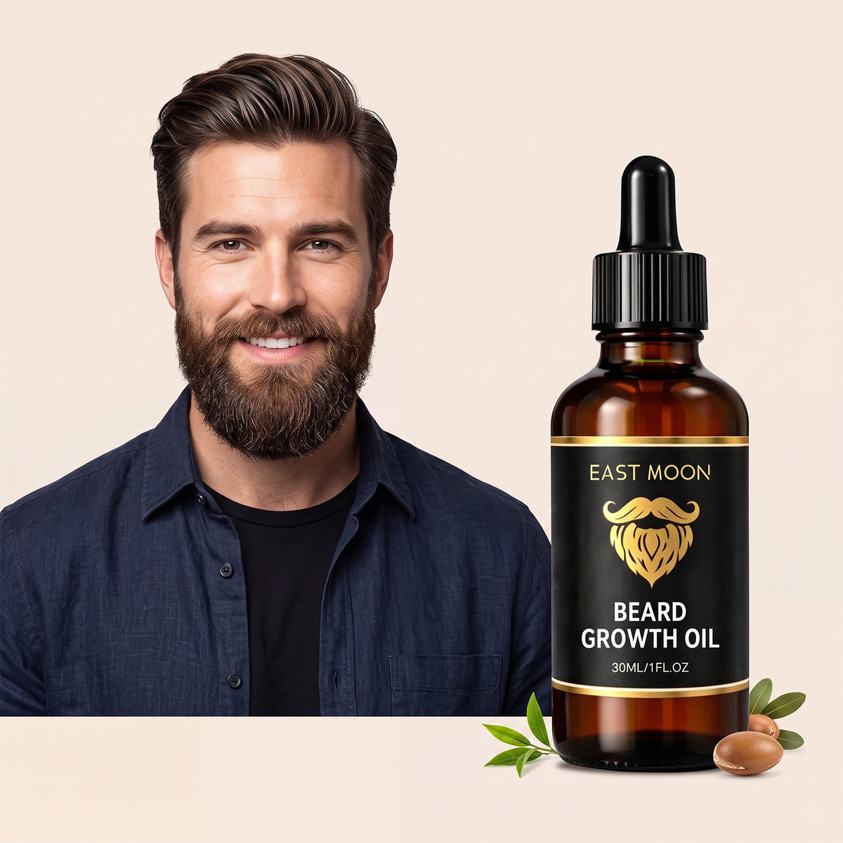 EAST MOON Beard Oil with Jojoba & Tea Tree — product and pack contents