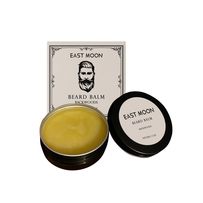 EAST MOON Backwoods Beard Balm with Shea & Jojoba — front label and pack contents