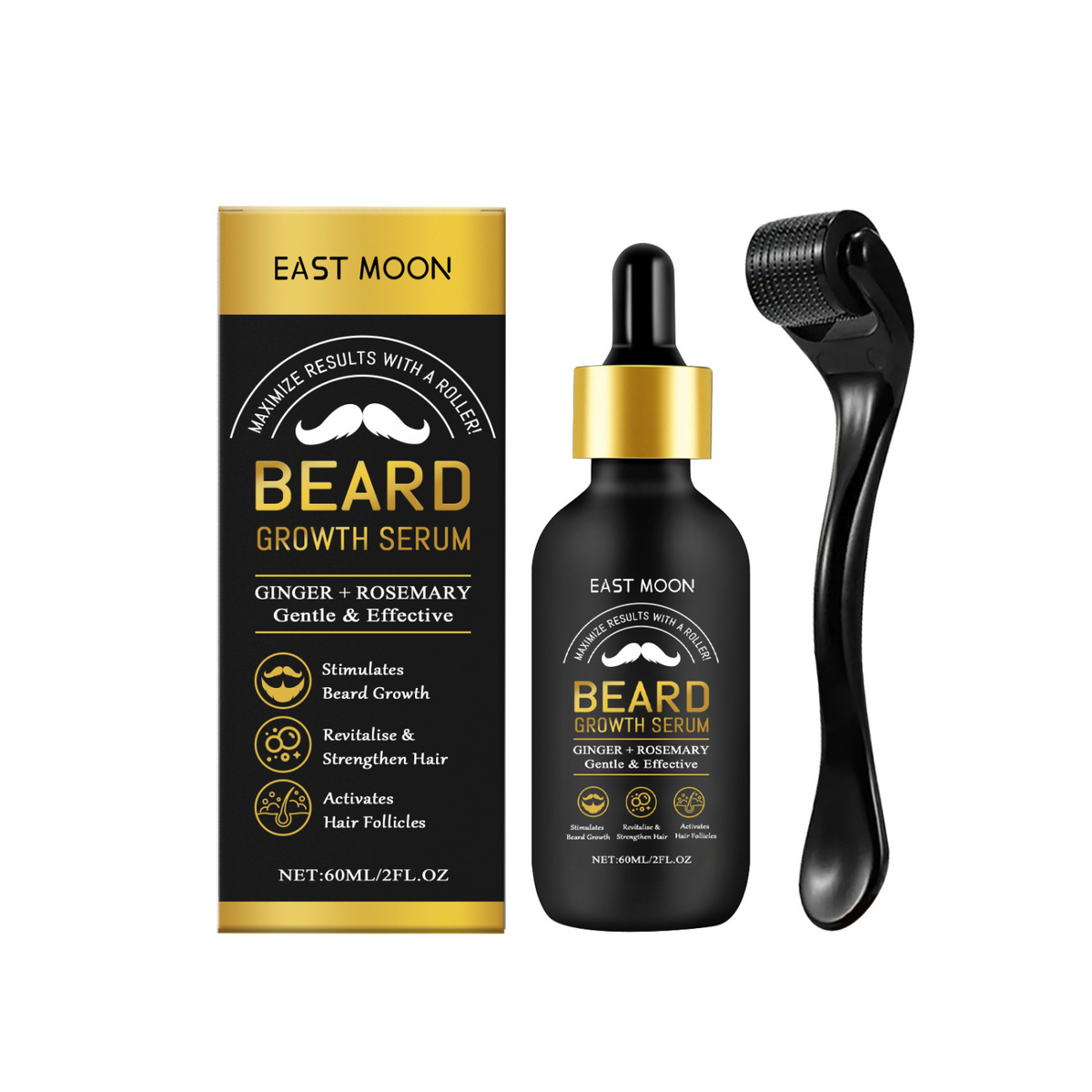 EAST MOON Beard Roller Kit with Rosemary & Ginger Serum — product and front packaging