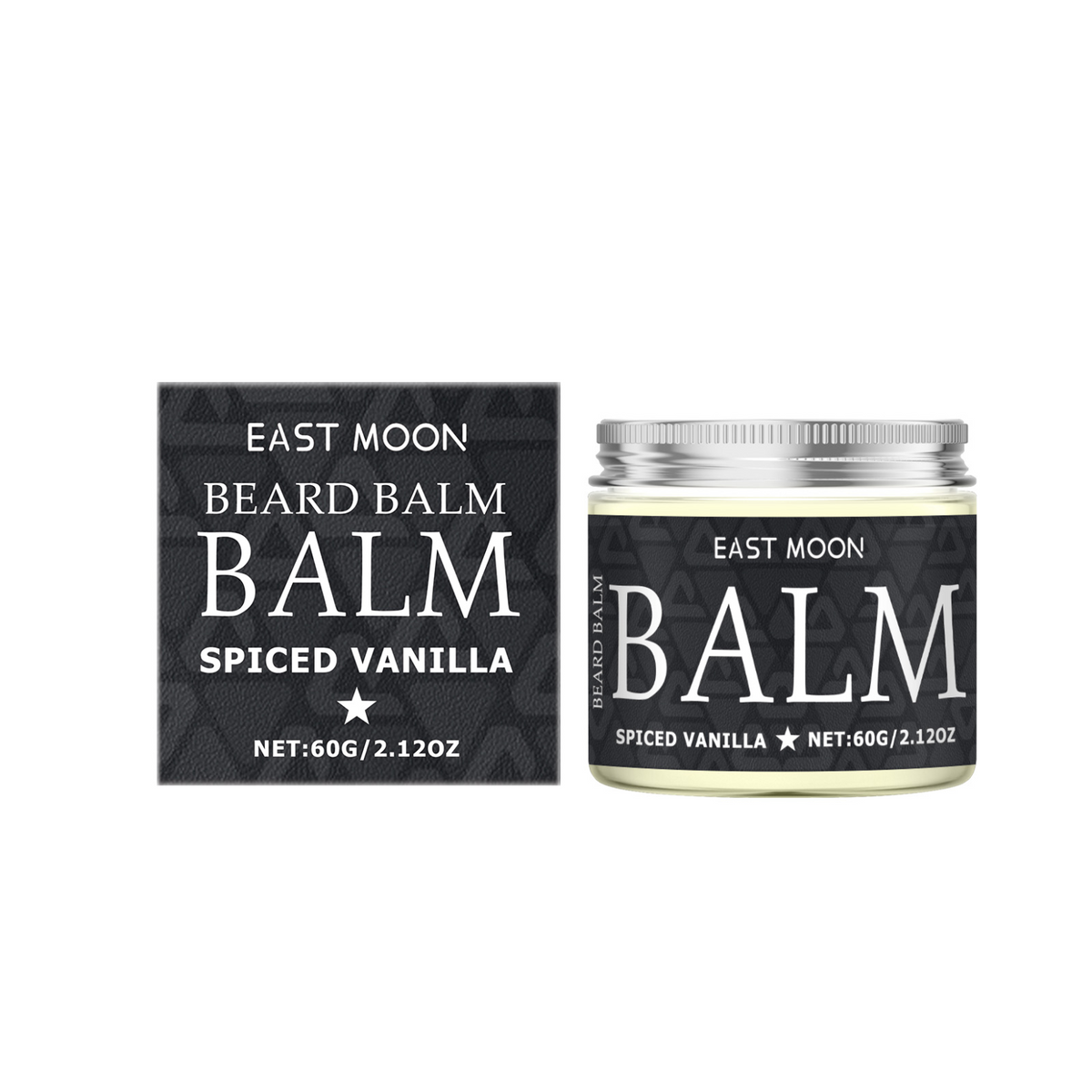 EAST MOON Spiced Vanilla Beard Balm — front label and pack contents