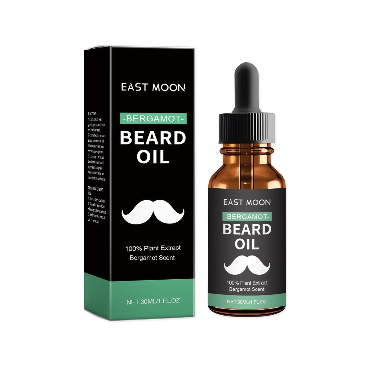 EAST MOON Bergamot Beard Oil — front label and pack contents