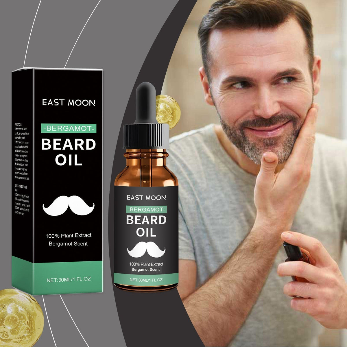EAST MOON Bergamot Beard Oil — product and packaging