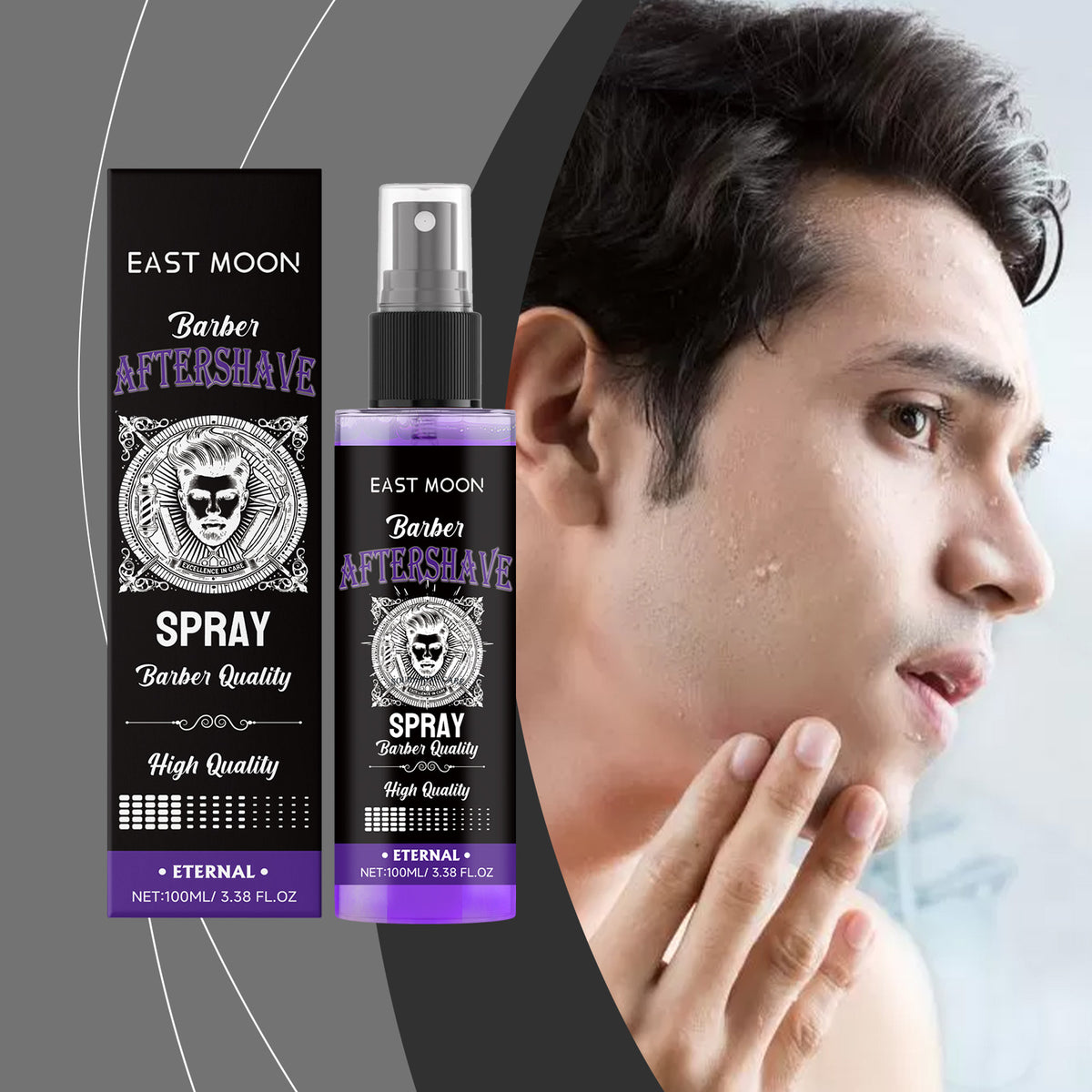 EAST MOON Aftershave Spray — product label and pack contents