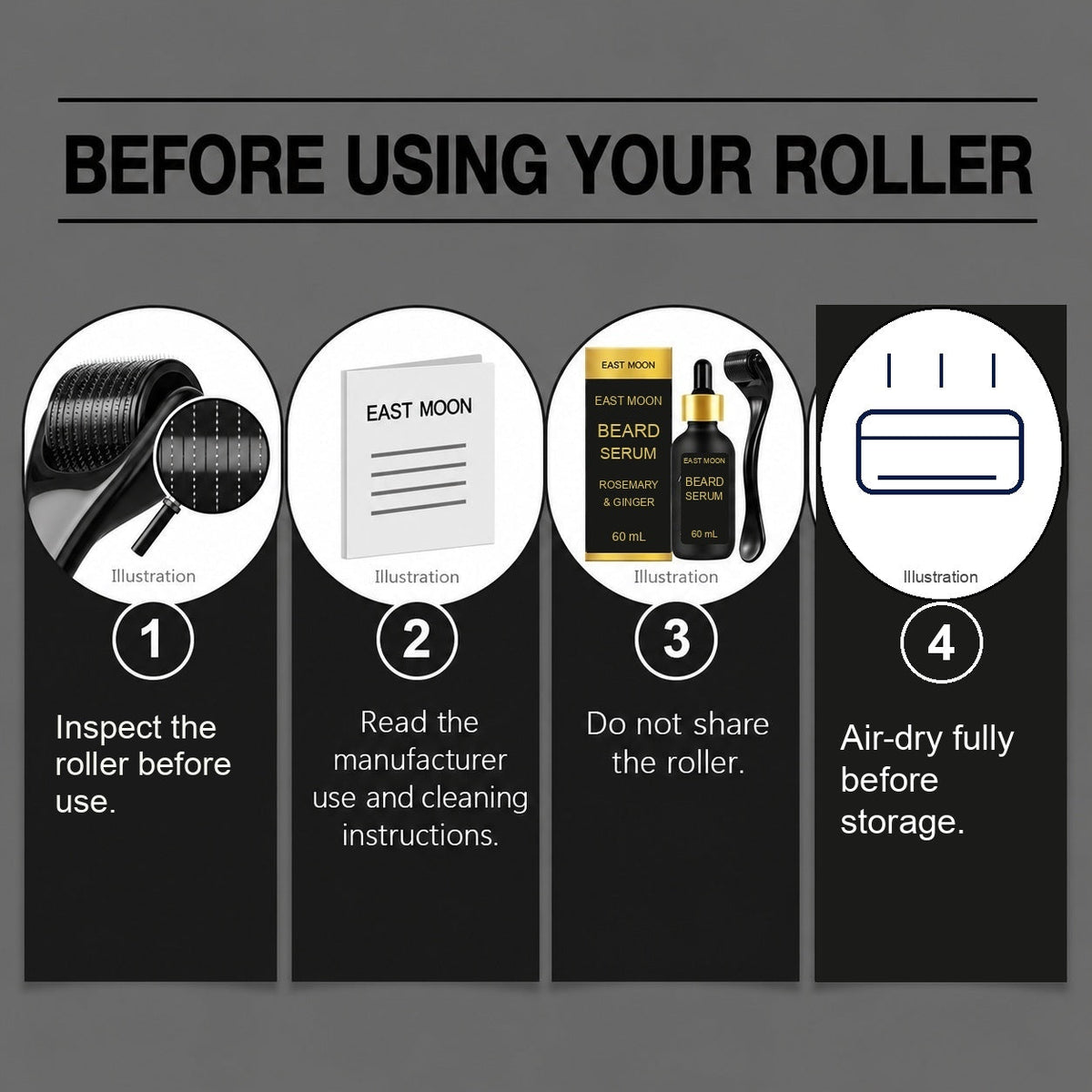 EAST MOON Beard Roller Kit with Rosemary & Ginger Serum — roller care and dry-storage guide