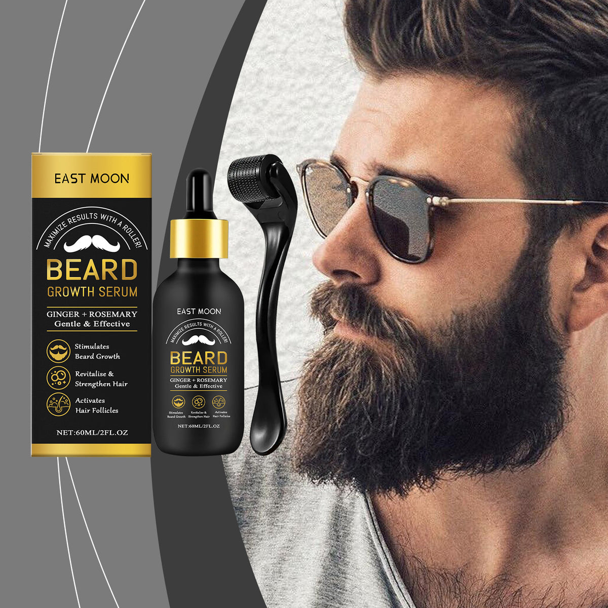 EAST MOON Beard Roller Kit with Rosemary & Ginger Serum — product label and pack contents