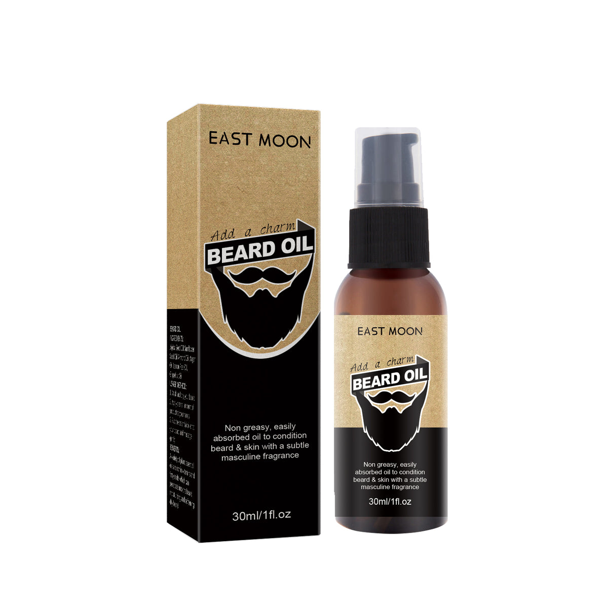 EAST MOON Jojoba Beard Oil — front label and pack contents