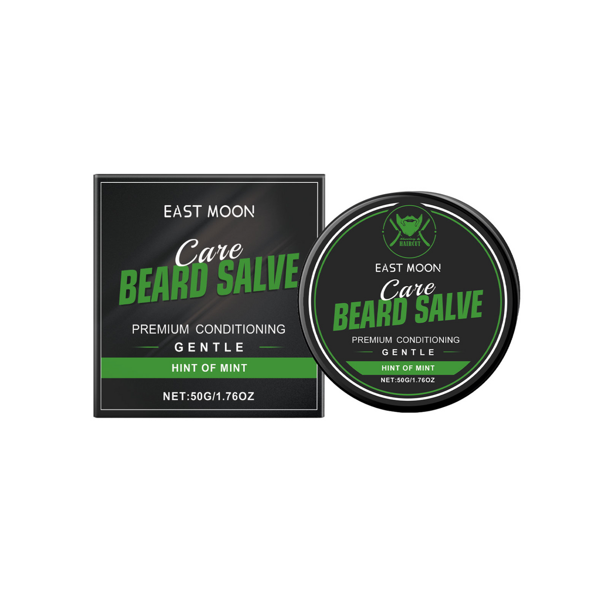 EAST MOON Hint of Mint Beard Balm — front label and pack contents