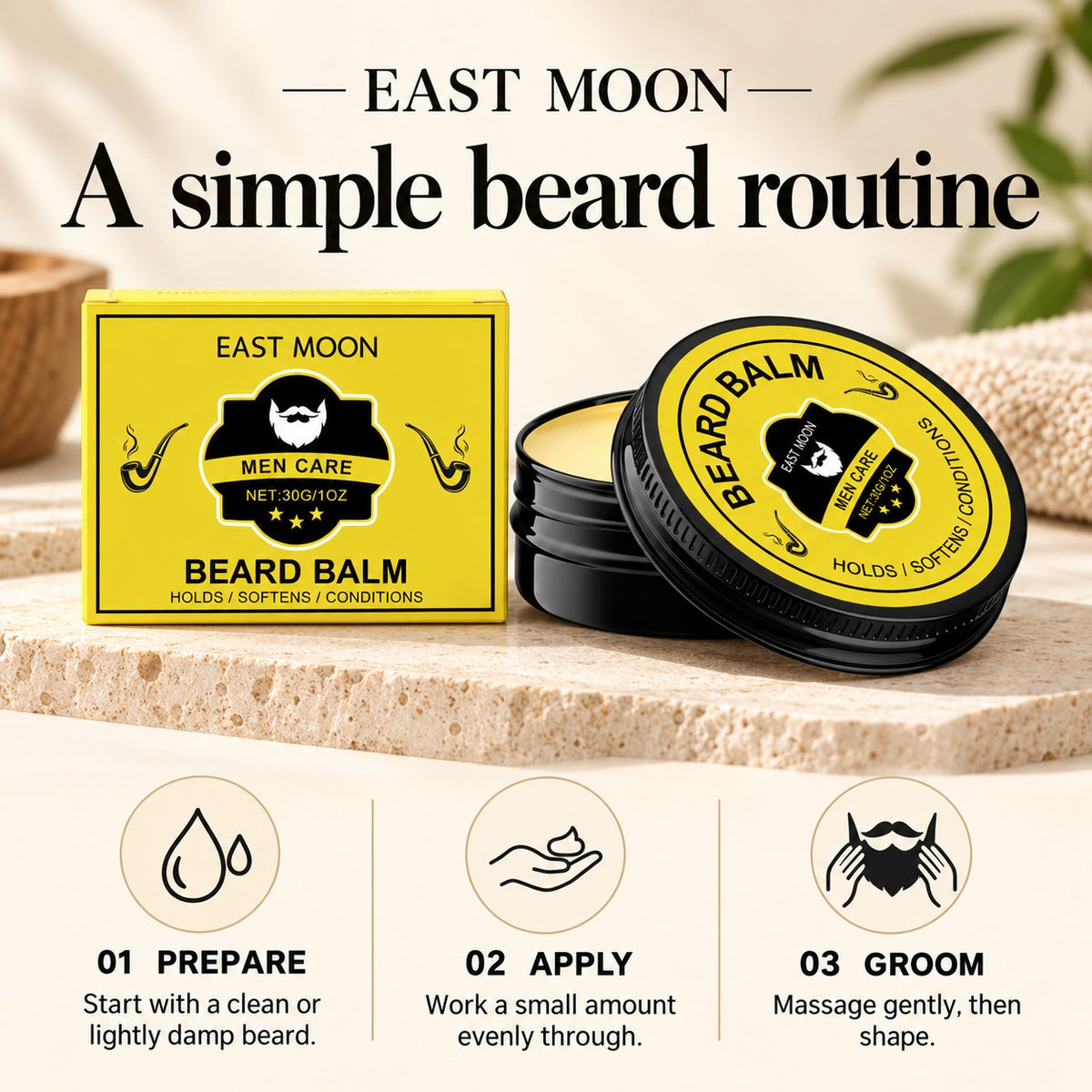 EAST MOON Beard Balm for Men — beard softening and grooming illustration
