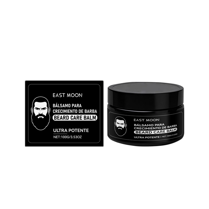 EAST MOON Beard Balm with Argan & Maca — front label and pack contents