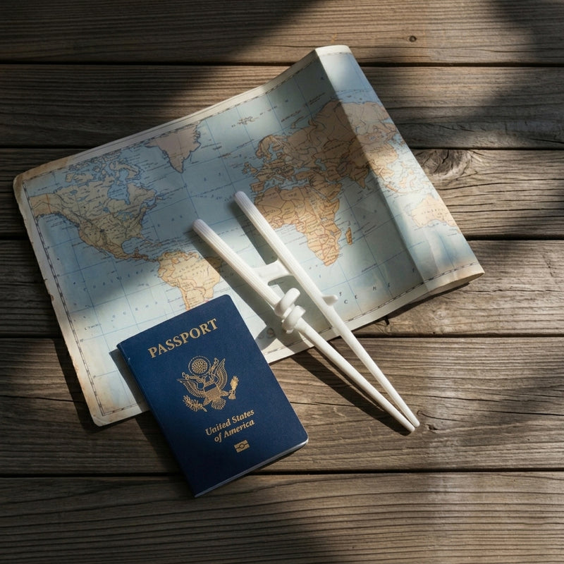 Passport, world map, and chopsticks representing practice before traveling to Asia