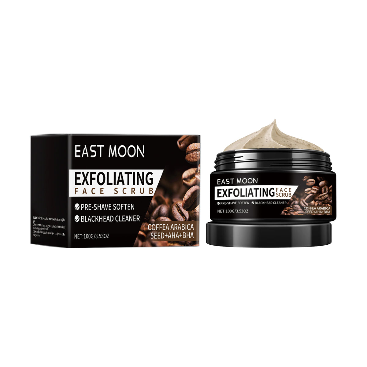 EAST MOON Coffee Face Scrub for Men — front label and pack contents