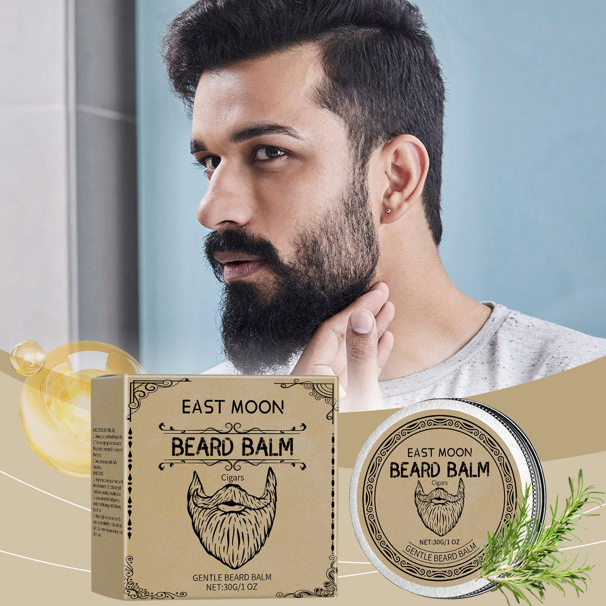 EAST MOON Cigar-Scented Beard Balm with Beeswax — product label and pack contents