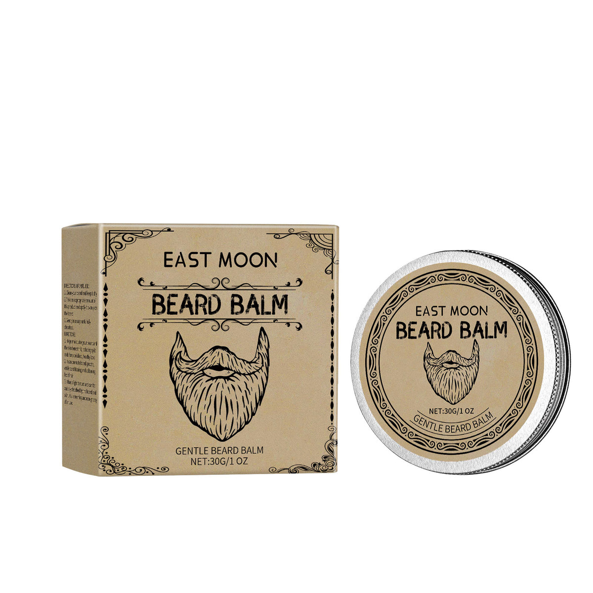 EAST MOON Cigar-Scented Beard Balm with Beeswax — product and front packaging