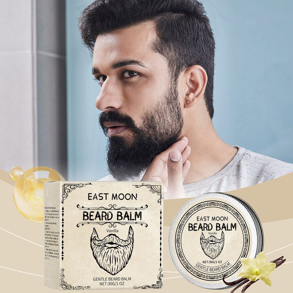 EAST MOON Vanilla Beard Balm with Beeswax — product label and pack contents