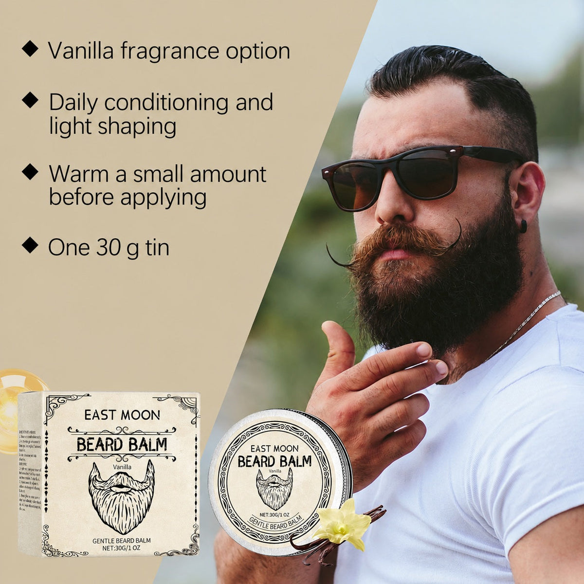 EAST MOON Vanilla Beard Balm with Beeswax — vanilla beard balm for daily conditioning