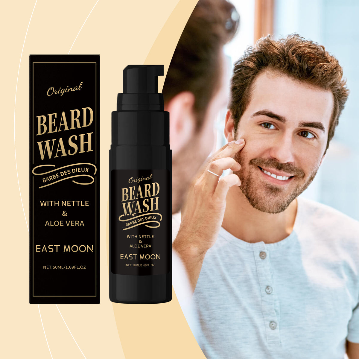 EAST MOON Beard Wash with Nettle & Aloe — product and packaging