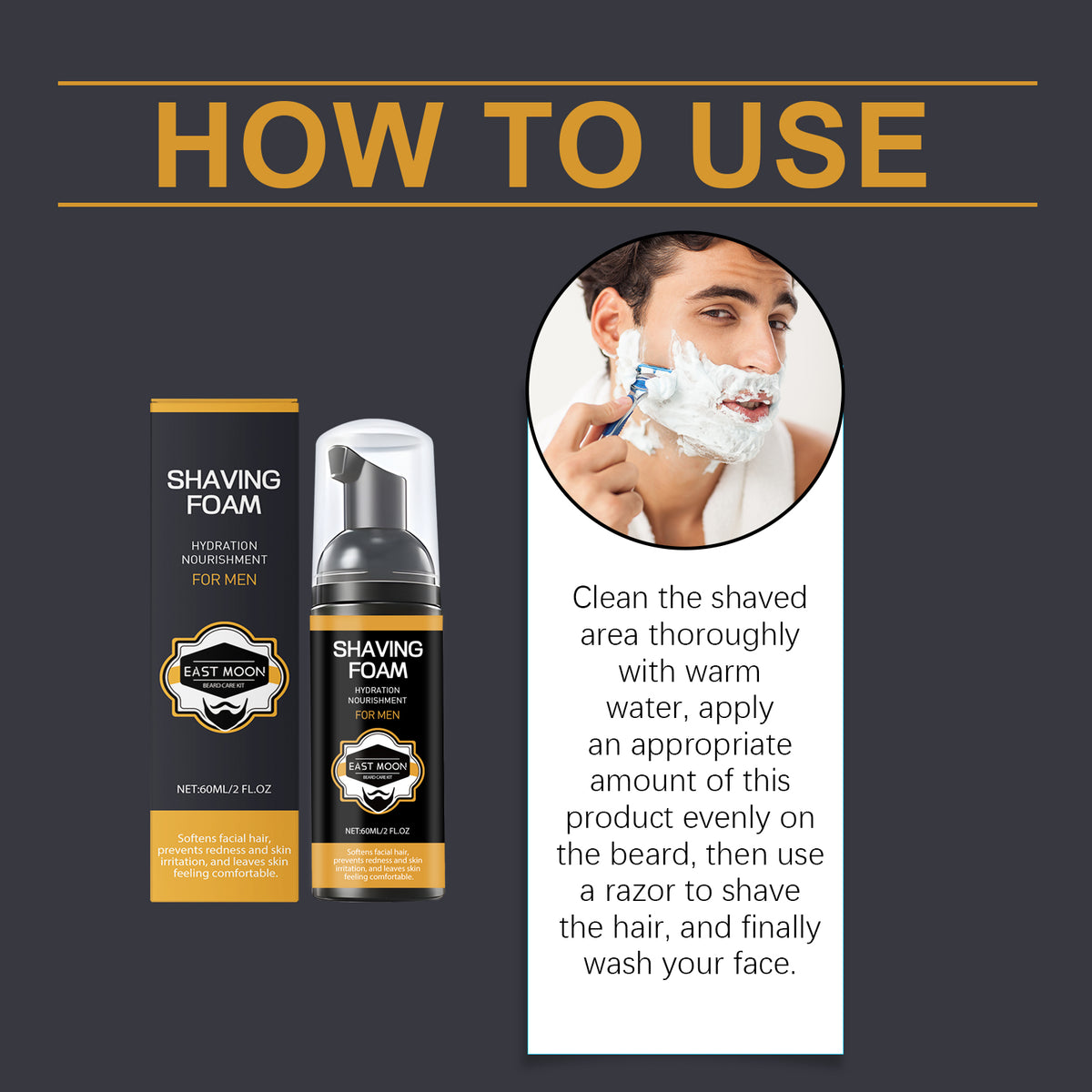EAST MOON Aloe Shaving Foam for Men — step-by-step application guide