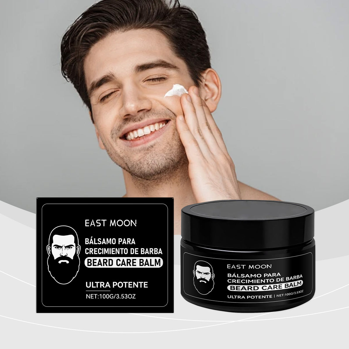 EAST MOON Beard Balm with Argan & Maca — product and packaging