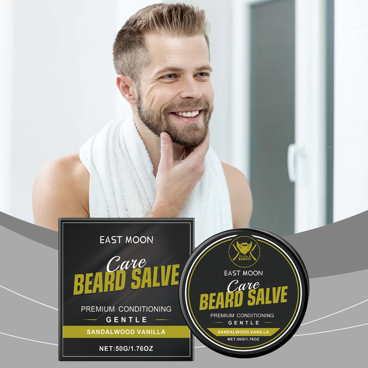 EAST MOON Sandalwood Vanilla Beard Balm — product and packaging