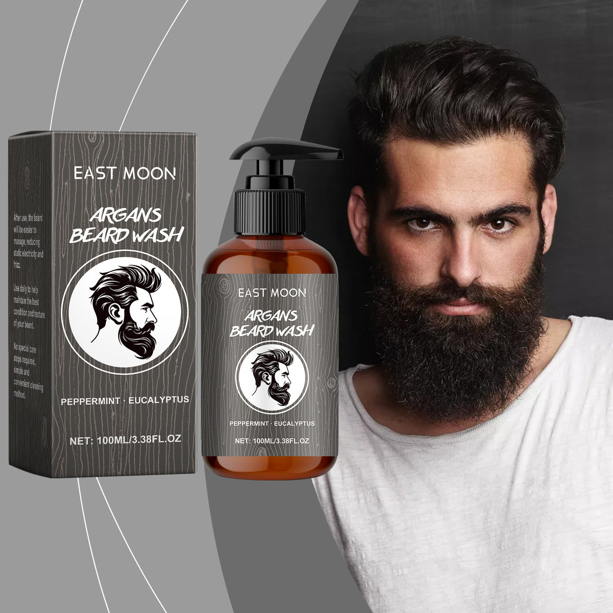 EAST MOON Argan Beard Wash — product and packaging