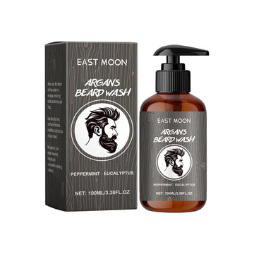 EAST MOON Argan Beard Wash — front label and pack contents