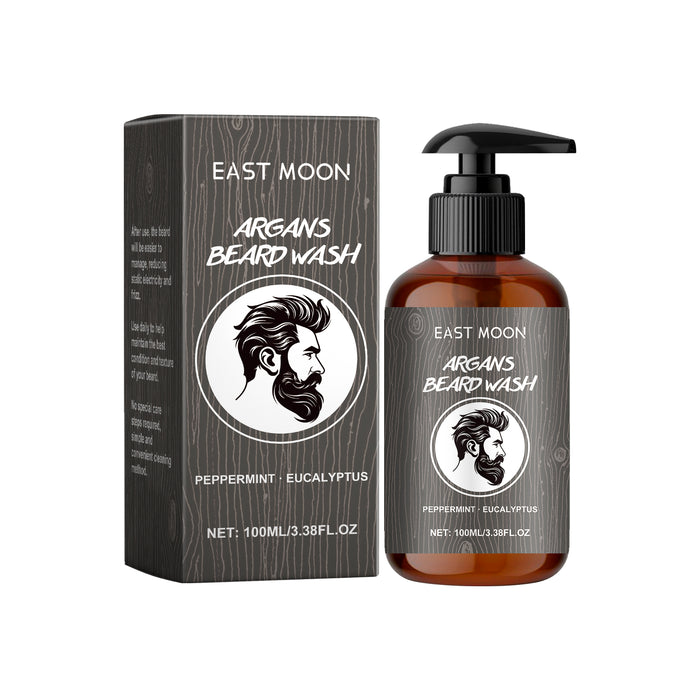 EAST MOON Argan Beard Wash — front label and pack contents