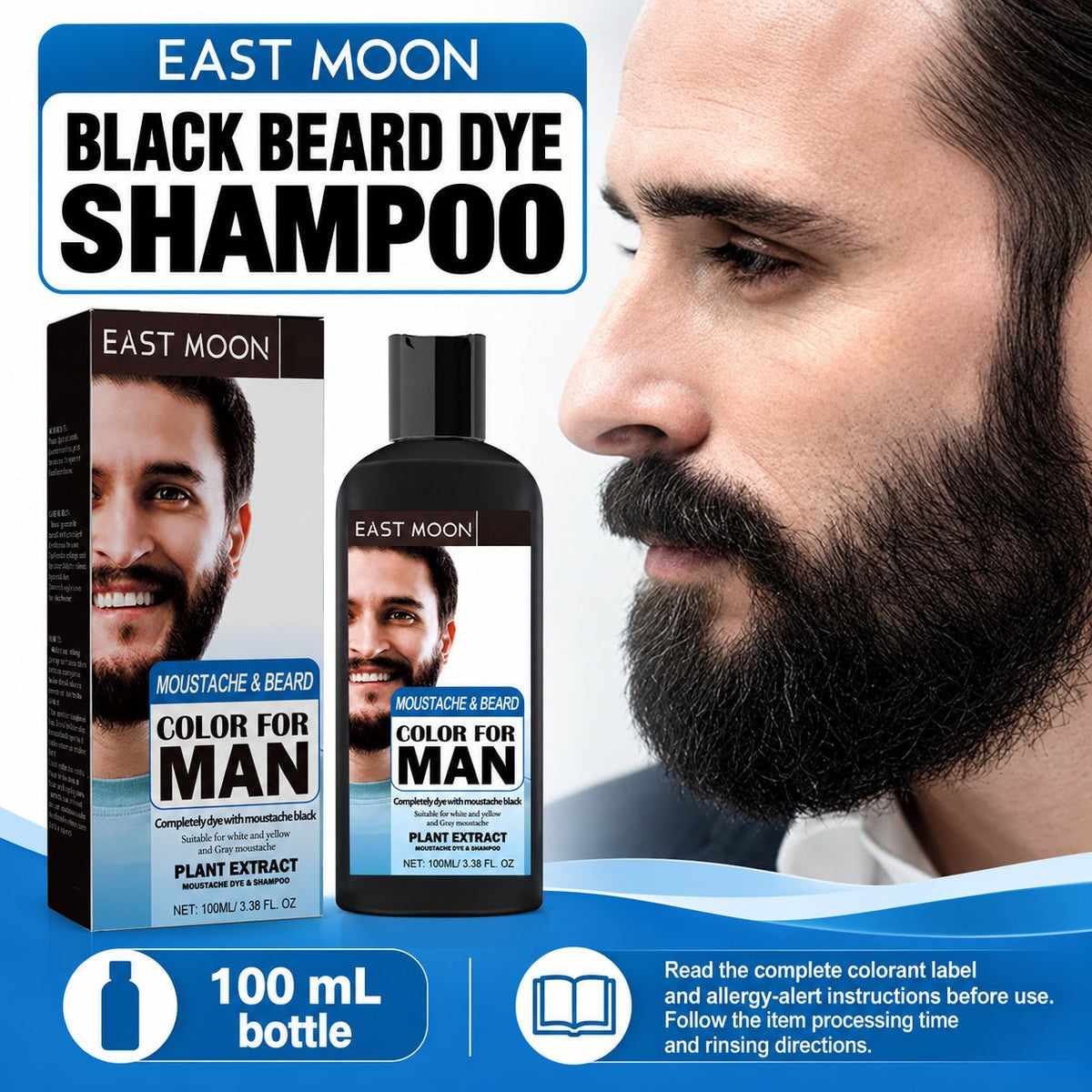 EAST MOON Black Beard Dye Shampoo — product label and pack contents