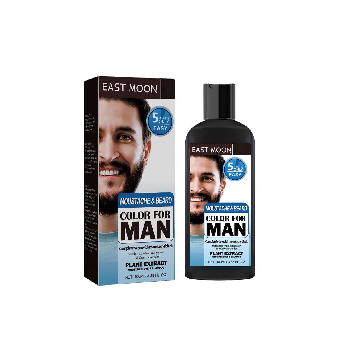 EAST MOON Black Beard Dye Shampoo — product and front packaging