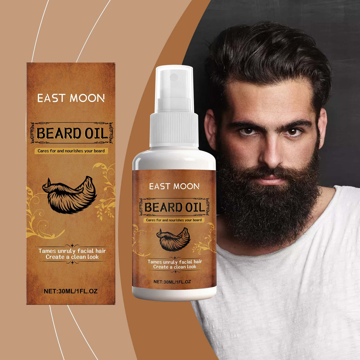 EAST MOON Beard Oil Spray with Jojoba & Calendula — product and packaging
