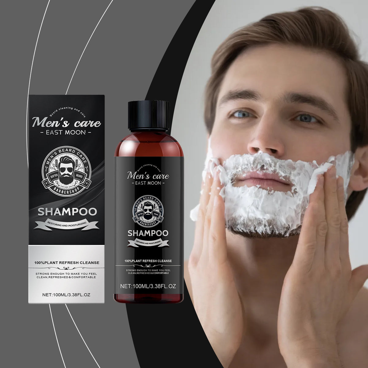EAST MOON Beard Wash with Argan & Jojoba — product and packaging