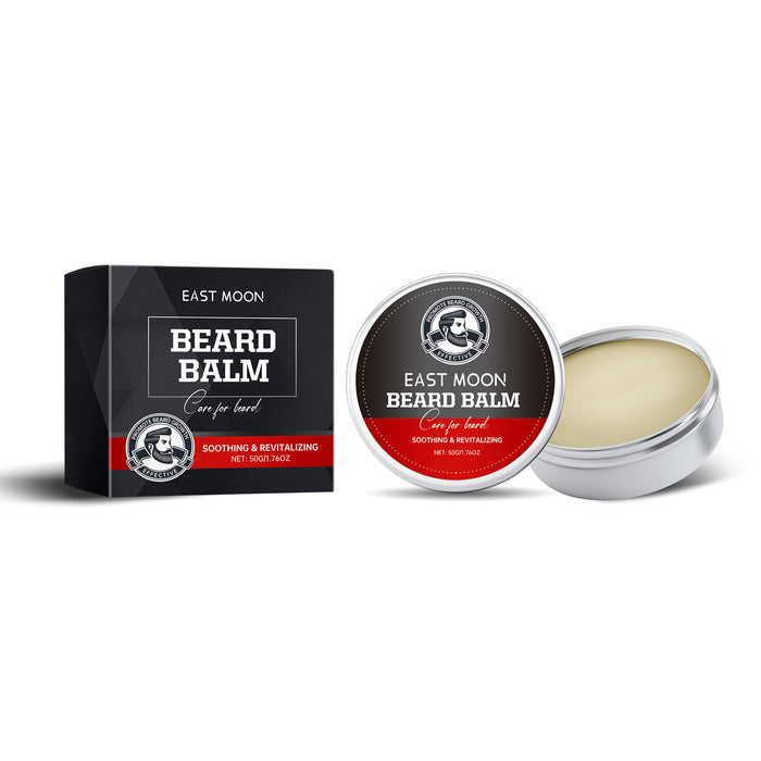 EAST MOON Sandalwood Beard Balm with Coconut Oil — product and front packaging