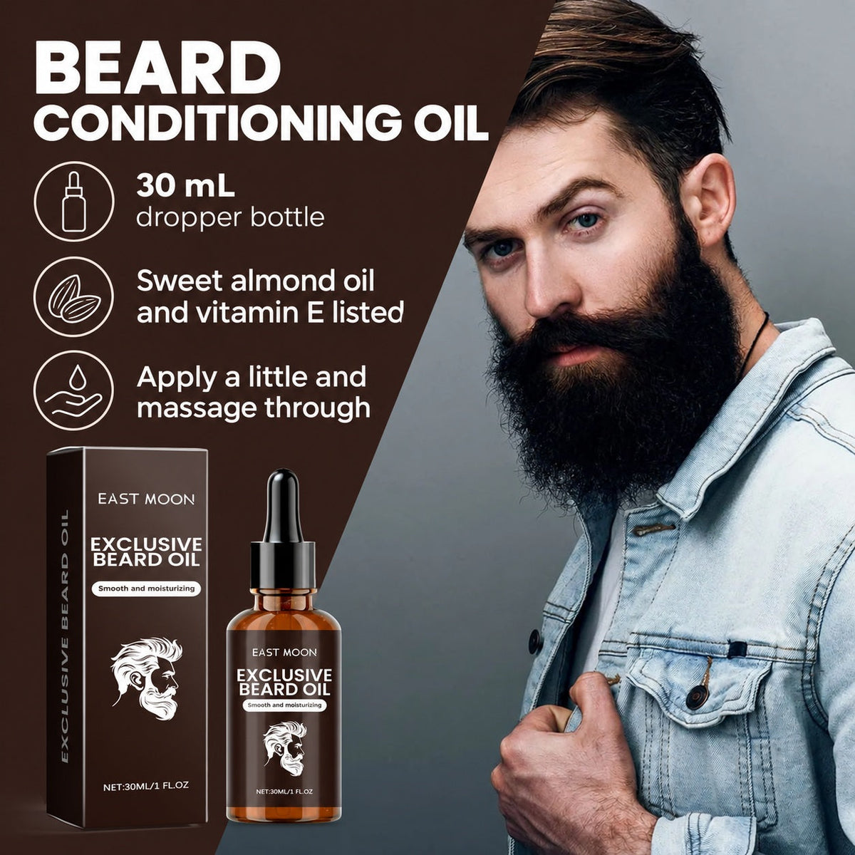 EAST MOON Beard Oil with Vitamin E & Sweet Almond — sweet almond oil and vitamin E beard care